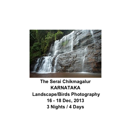 ￼
The Serai Chikmagalur
KARNATAKA
 Landscape/Birds Photography
16 - 18 Dec, 2013
3 Nights / 4 Days
